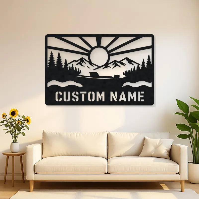 Personalized Speedboat Metal Wall Art with Mountain Lake
