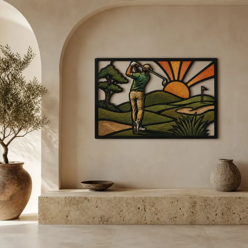 Golfer Teeing Off on Rolling Green Course Colorful Metal Wall Art