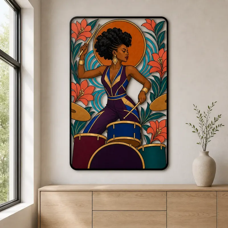 Black Woman Drummer with Tropical Flowers and Sun Colorful Metal Wall Art