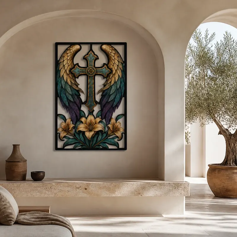 Angel Wings around Cross with White Lilies Colorful Metal Wall Art