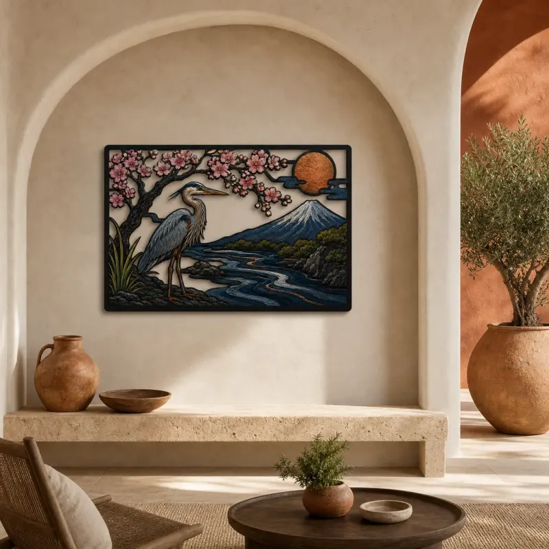 Heron beneath Cherry Blossoms with Mount Fuji Colorful Metal Wall Art