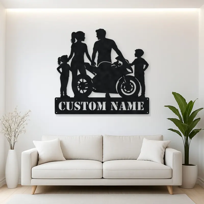 Personalized Sport Motorcycle Family of Four Metal Wall Art