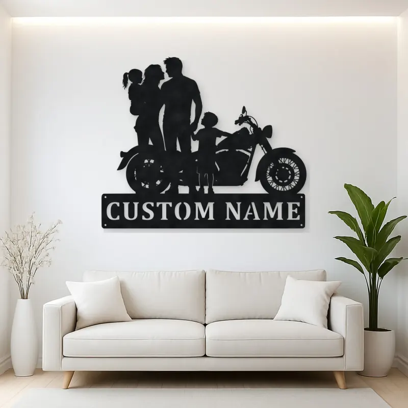 Personalized Classic Motorcycle Family with Toddler Metal Wall Art