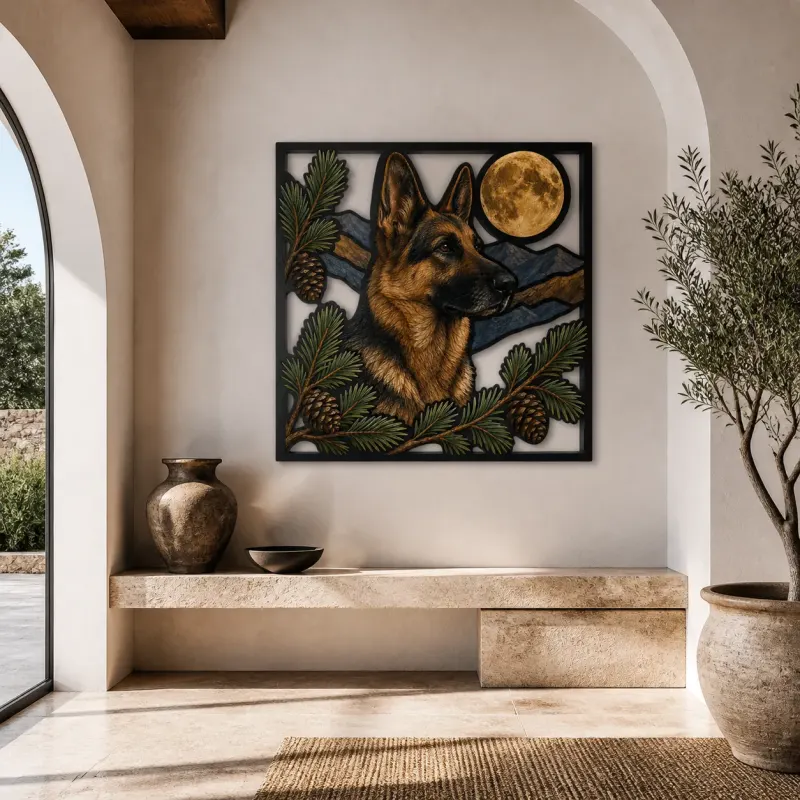 German Shepherd with Pine Cones and Full Moon Colorful Metal Wall Art