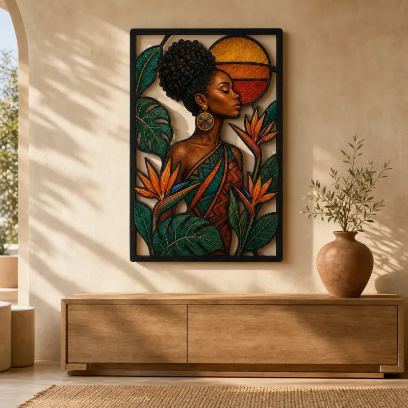 Afro Woman with Bird of Paradise Flowers Colorful Metal Wall Art
