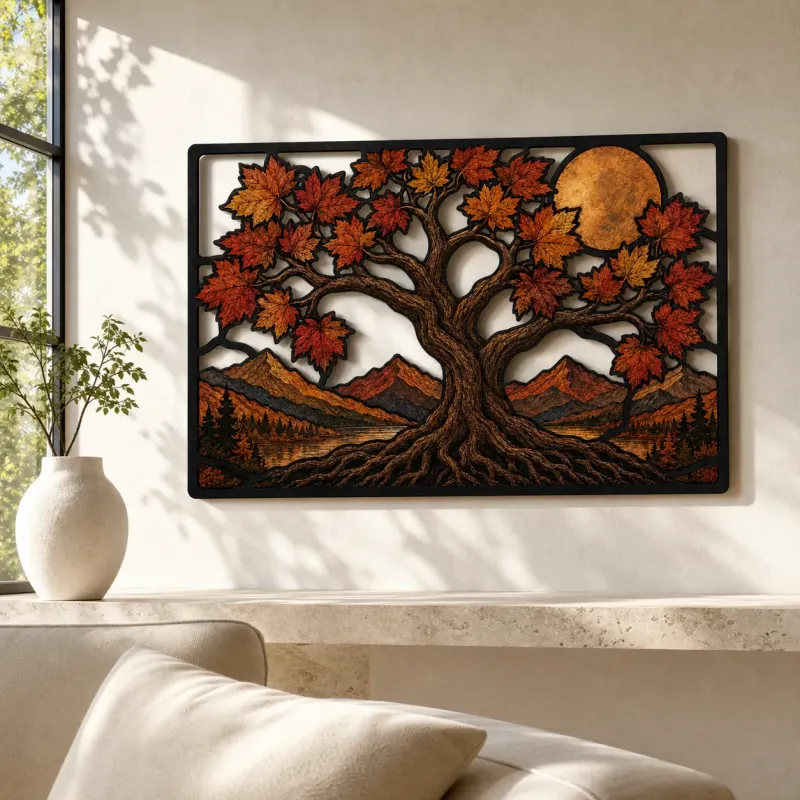 Autumn Maple Tree of Life in Mountains Colorful Metal Wall Art