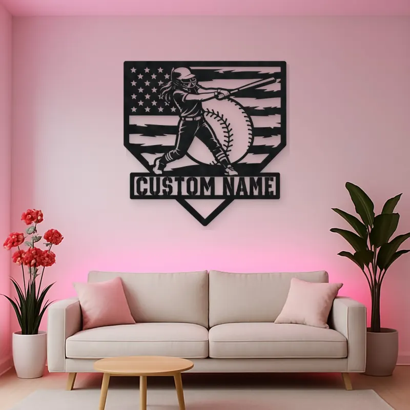 Personalized Female Softball Power Swing American Flag Metal Wall Art