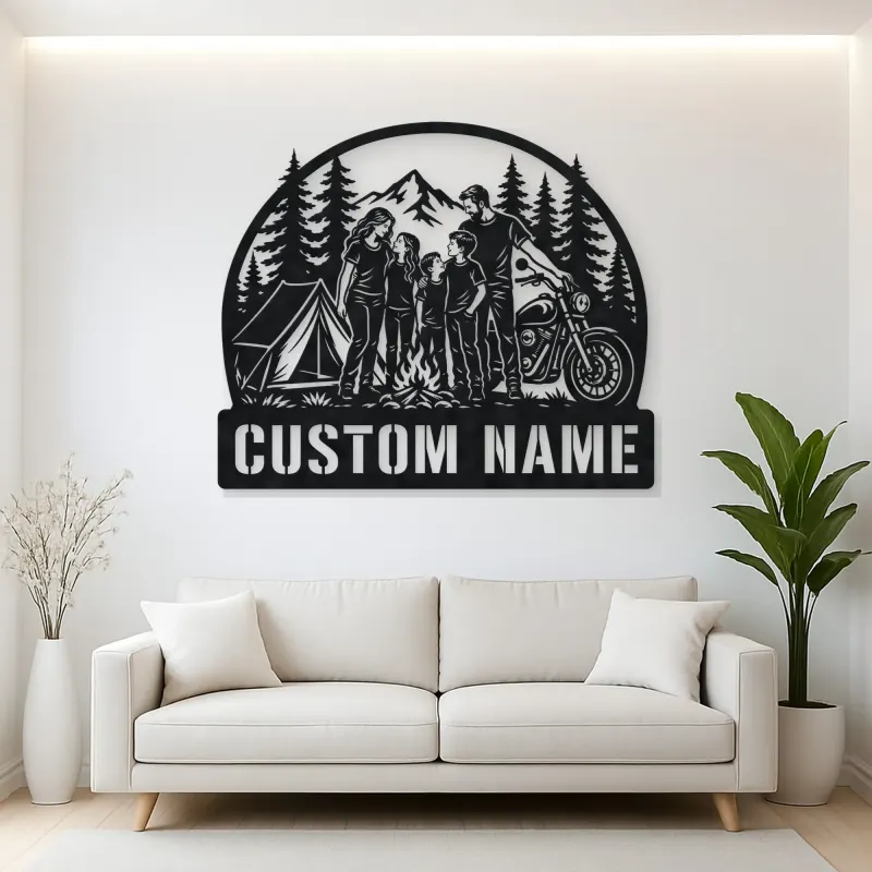Personalized Family of Five Camping Motorcycle Metal Wall Art