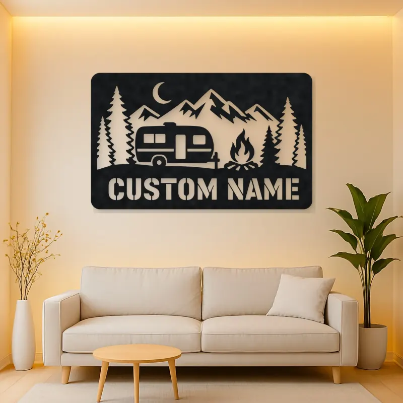 Personalized Travel Trailer Metal Wall Art with Campfire