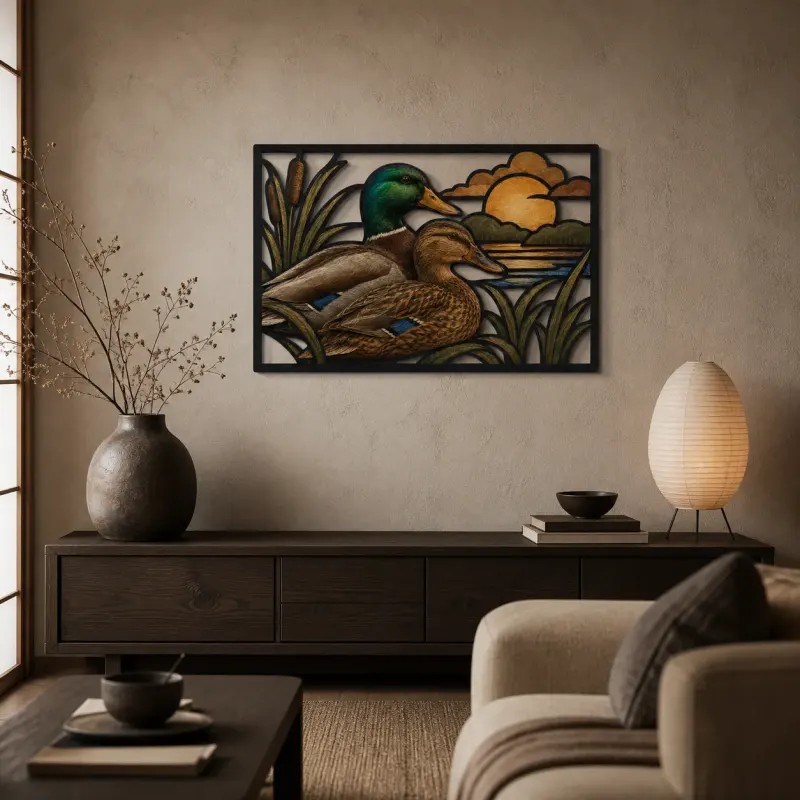 Mallard Duck Pair over Peaceful Marsh Colorful Metal Wall Art