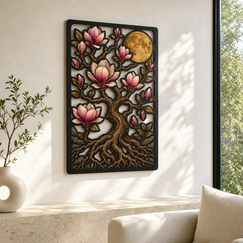 Magnolia Tree of Life with Blossoms and Moon Colorful Metal Wall Art