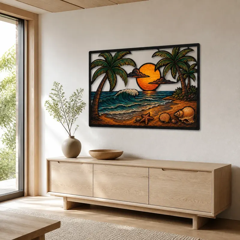 Tropical Beach with Palm Trees at Sunset Colorful Metal Wall Art