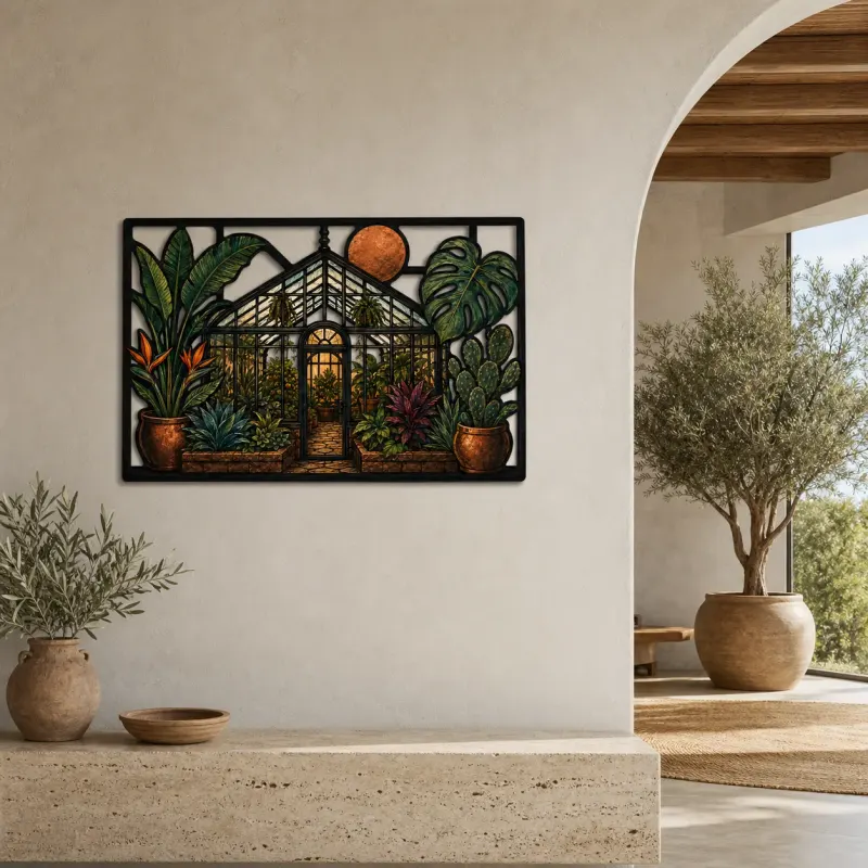 Tropical Greenhouse with Monstera and Bird of Paradise Colorful Metal Wall Art
