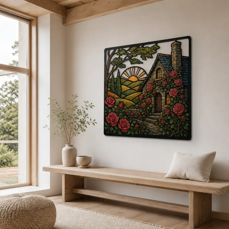 Stone Cottage Covered in Climbing Red Roses Colorful Metal Wall Art