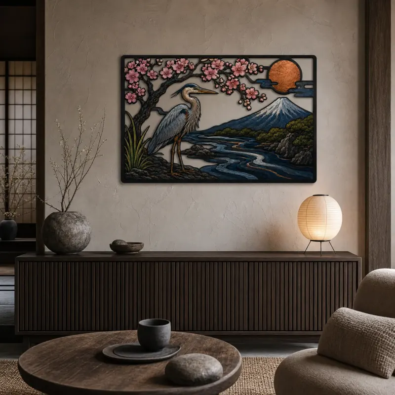 Heron beneath Cherry Blossoms with Mount Fuji Colorful Metal Wall Art