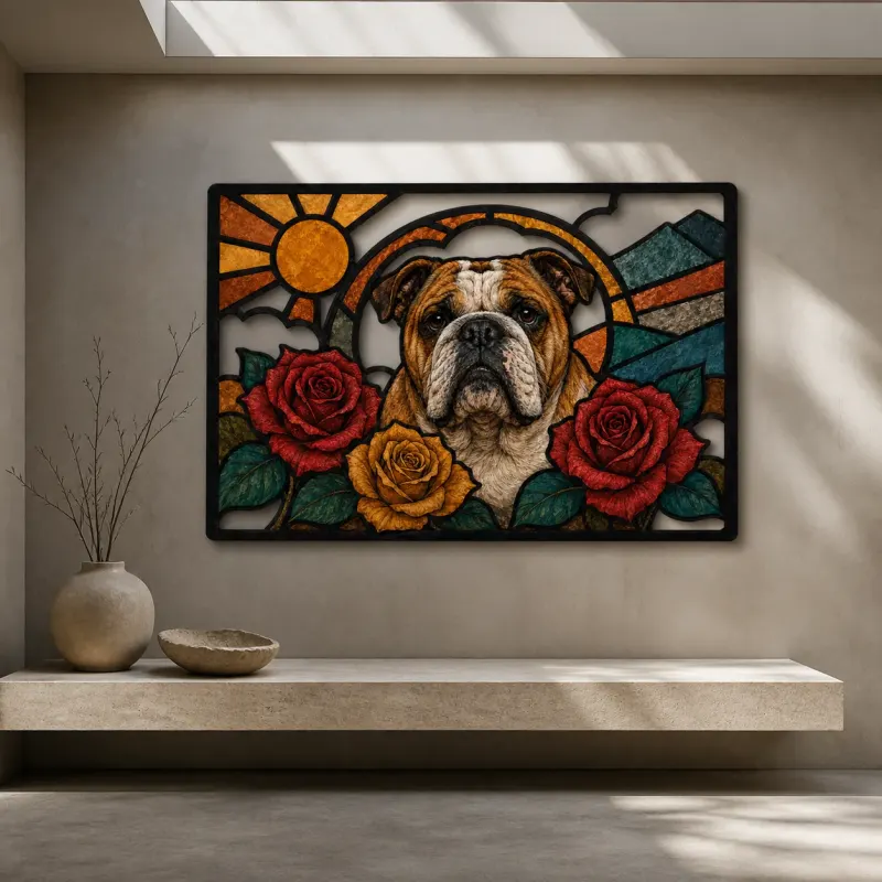 English Bulldog with Red and Golden Roses Colorful Metal Wall Art