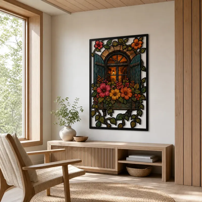 Cottage Window Box with Flowers and Lantern Colorful Metal Wall Art