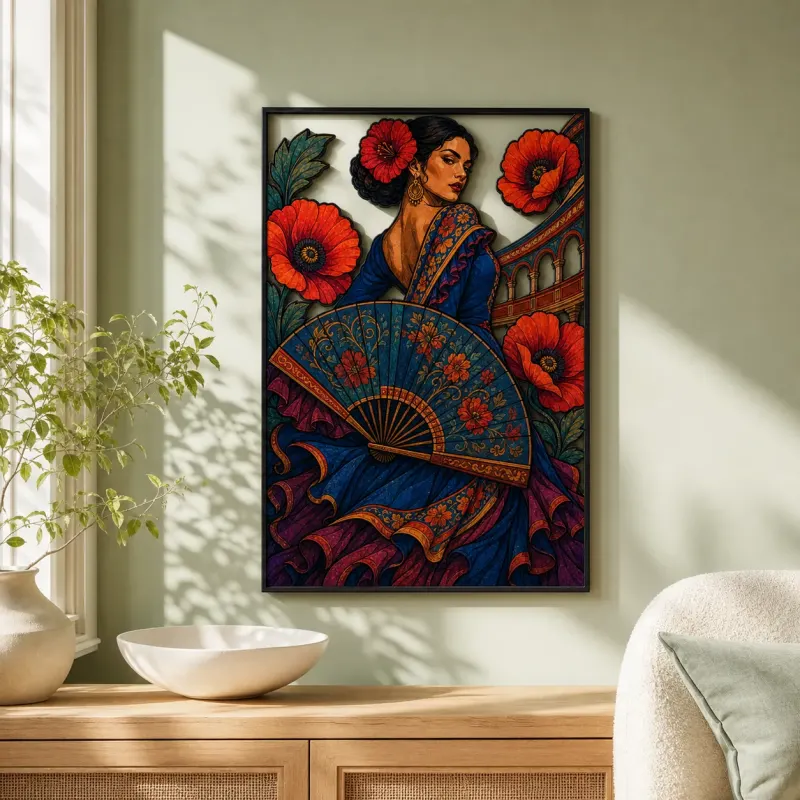 Flamenco Woman with Fan and Red Poppies Colorful Metal Wall Art