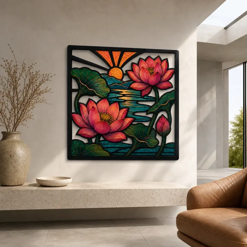 Pink Lotus Pond beneath Radiant Sunrise Colorful Metal Wall Art