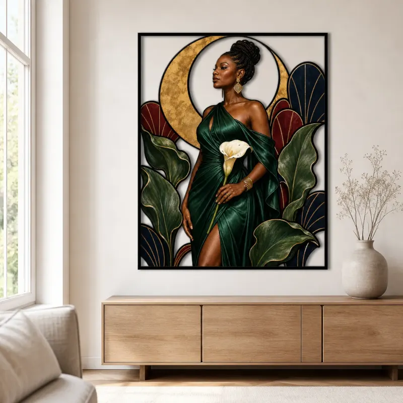 Elegant Black Woman in Green Dress with Calla Lilies Colorful Metal Wall Art
