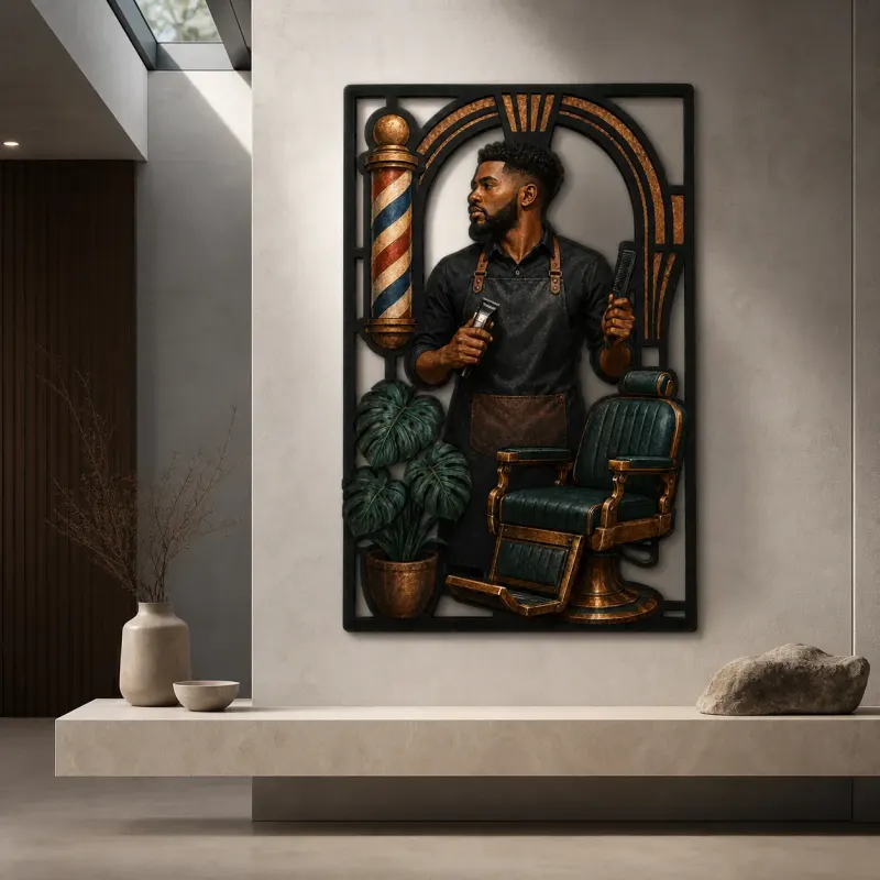 Black Barber with Vintage Chair and Shop Pole Colorful Metal Wall Art