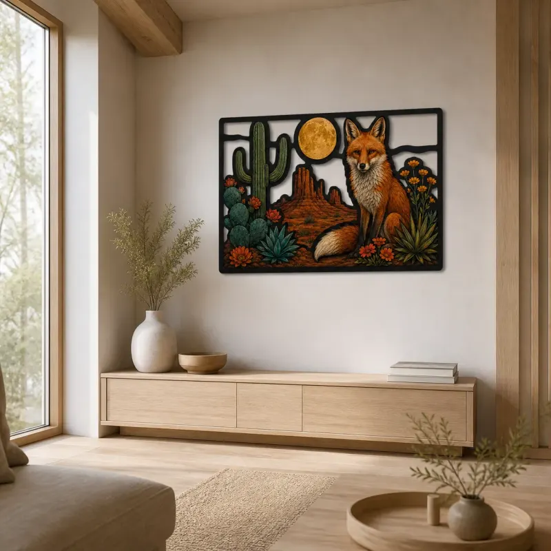 Red Fox among Cactus and Desert Wildflowers Colorful Metal Wall Art