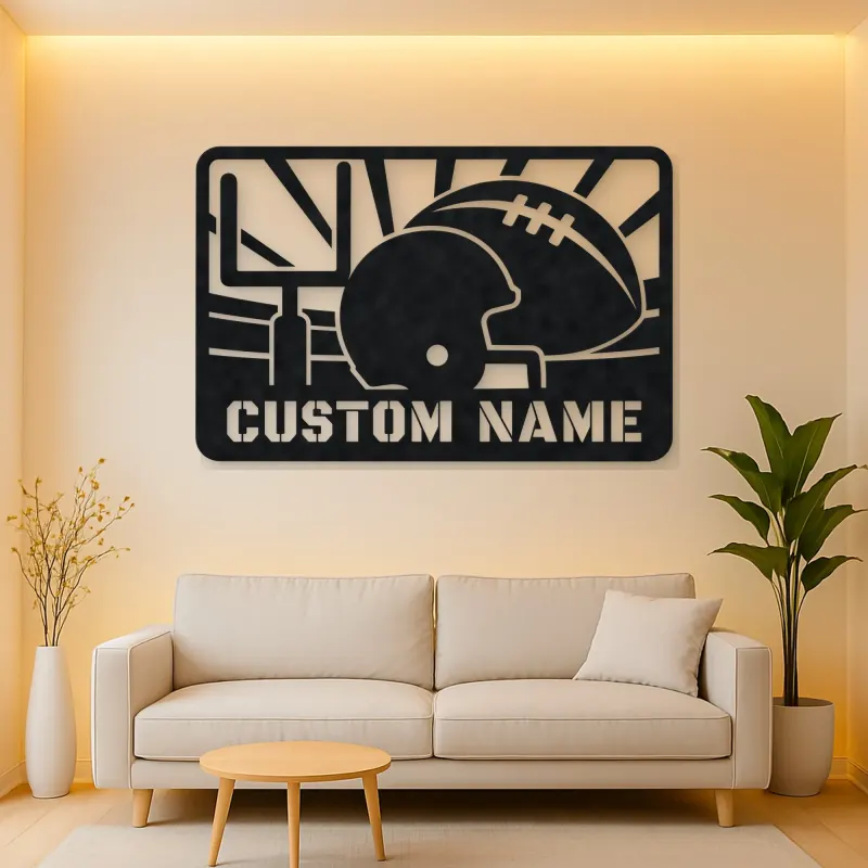 Personalized Football Helmet Metal Wall Art with Goalposts