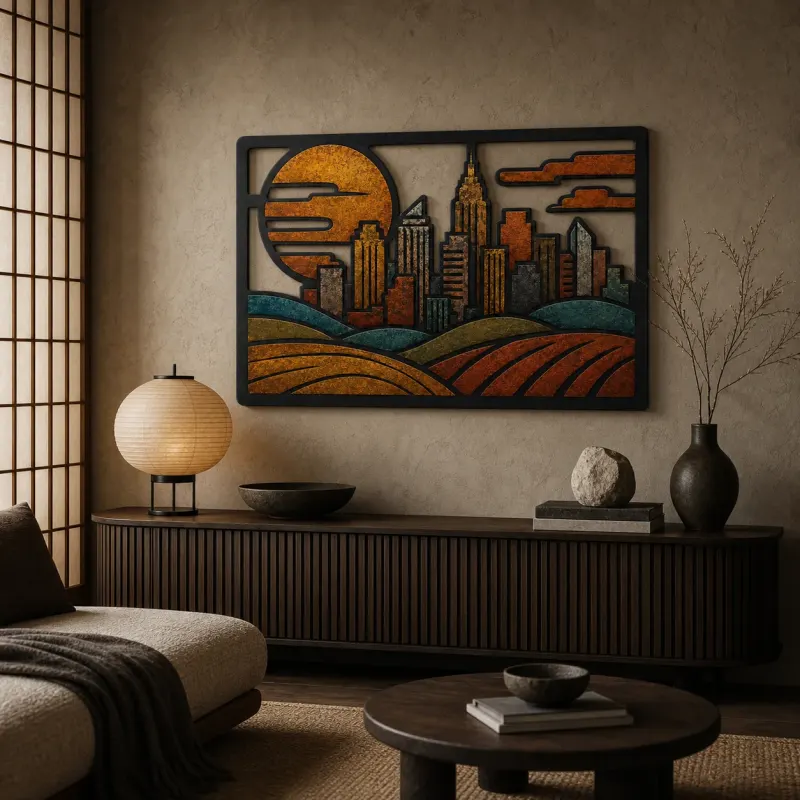 Mid Century City Skyline over Rolling Fields Colorful Metal Wall Art