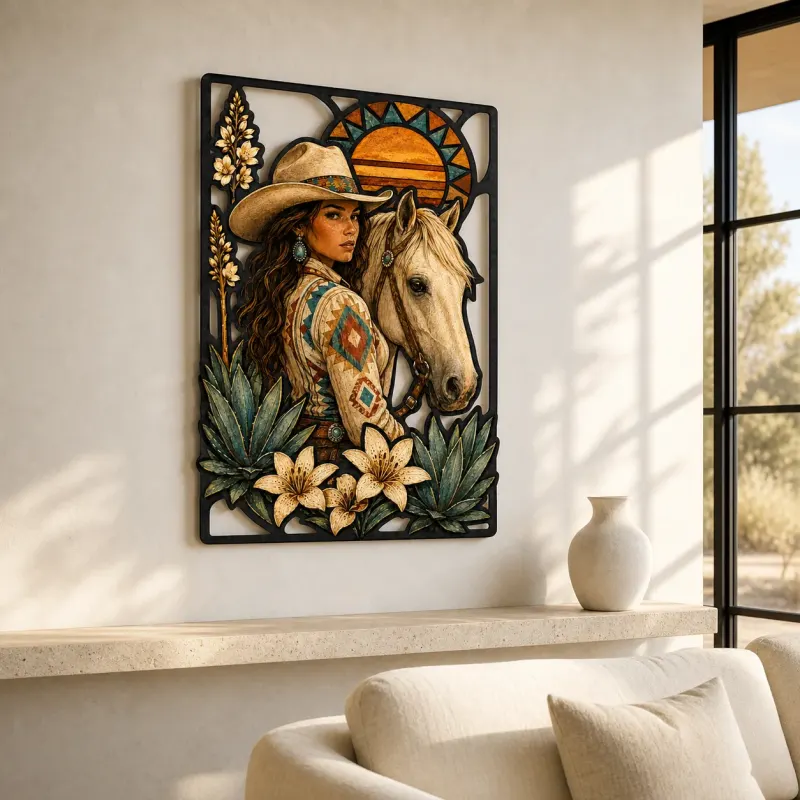 Cowgirl with Palomino Horse and Desert Lilies Colorful Metal Wall Art