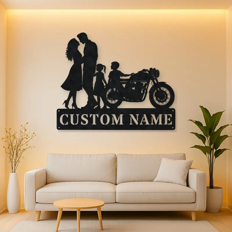Personalized Classic Motorcycle Family of Four Metal Wall Art
