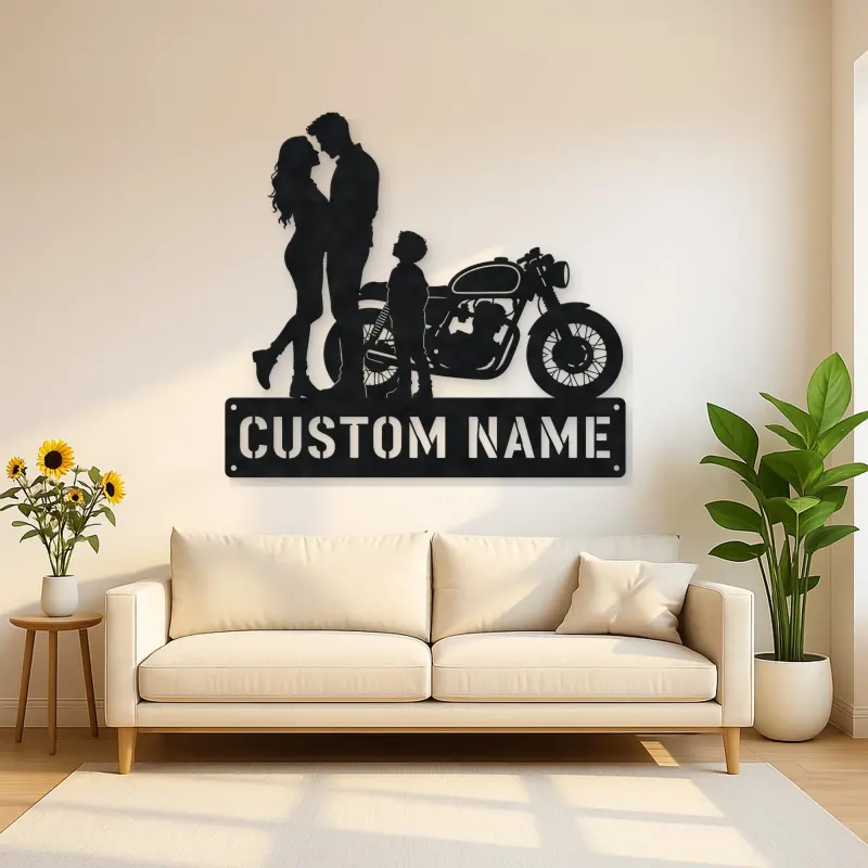 Personalized Cafe Racer Family of Three Metal Wall Art