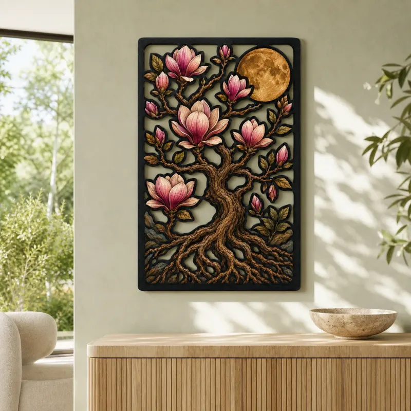 Magnolia Tree of Life with Blossoms and Moon Colorful Metal Wall Art