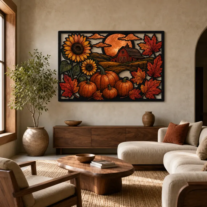 Zucca Autunnale con Girasoli vicino al Fienile Rosso Insegna in Metallo Colorata