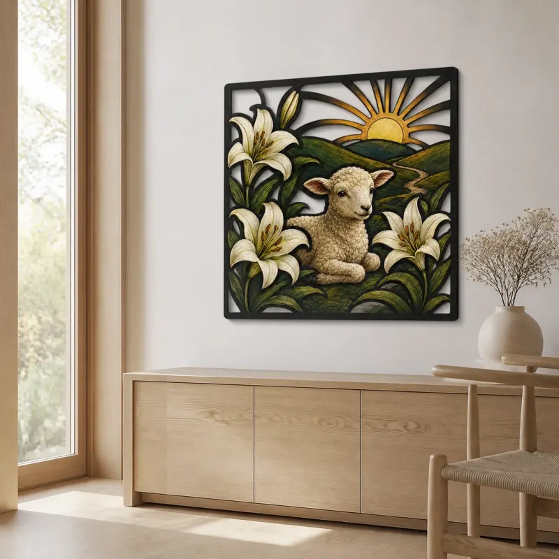Spring Lamb with White Lilies at Sunrise Colorful Metal Wall Art
