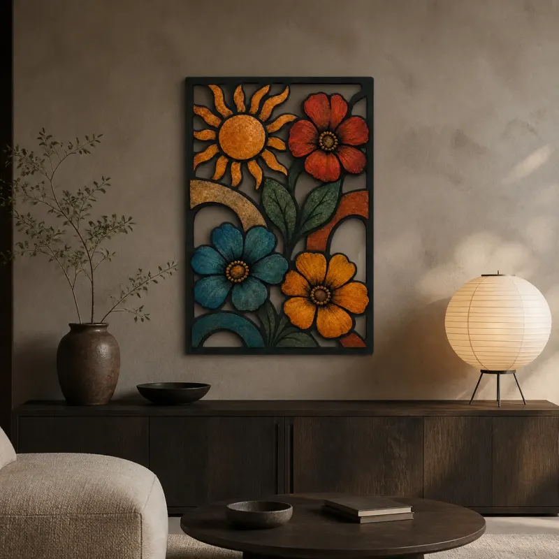 Mid Century Retro Flowers with Radiant Sun Colorful Metal Wall Art