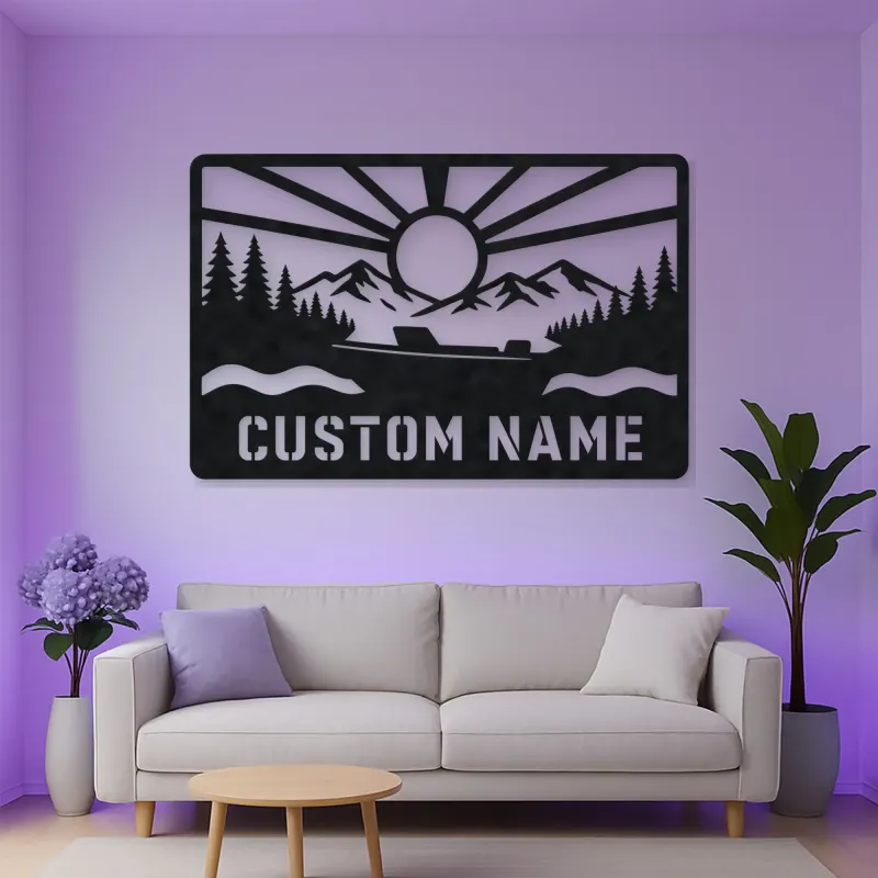 Personalized Speedboat Metal Wall Art with Mountain Lake