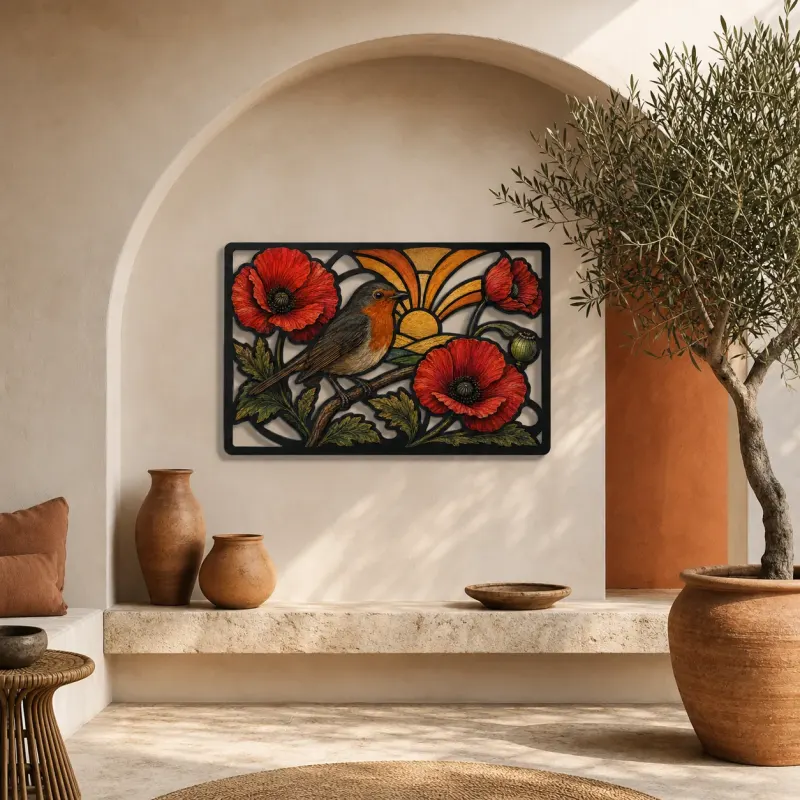 Robin among Red Poppies at Sunrise Colorful Metal Wall Art