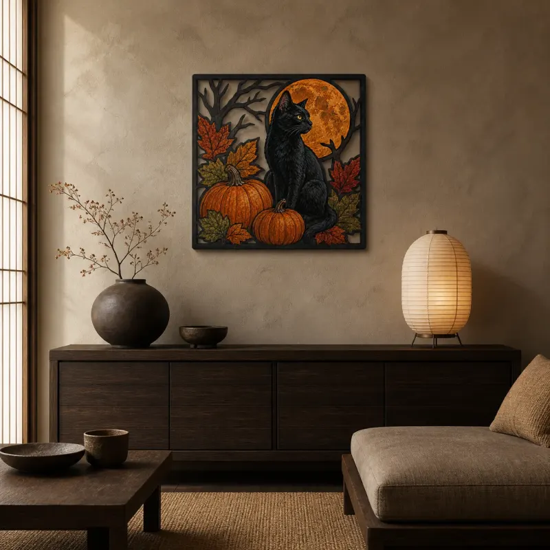 Black Cat with Pumpkins and Autumn Leaves Colorful Metal Wall Art