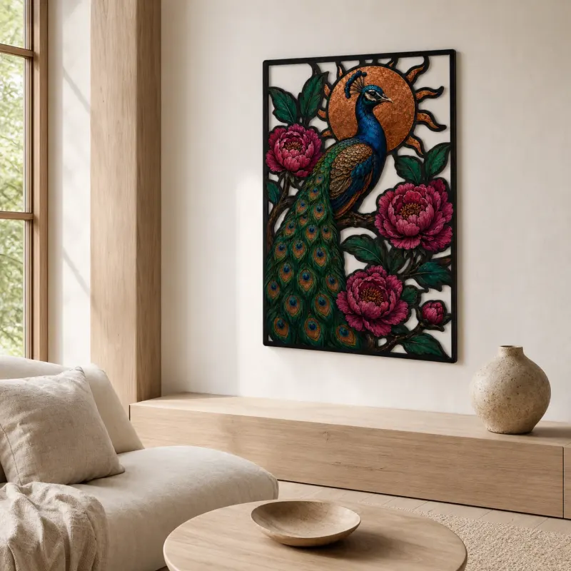 Peacock with Pink Peonies and Copper Sun Colorful Metal Wall Art