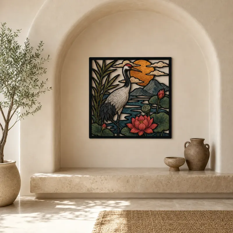 Japanese Crane in Lotus Pond at Sunset Colorful Metal Wall Art