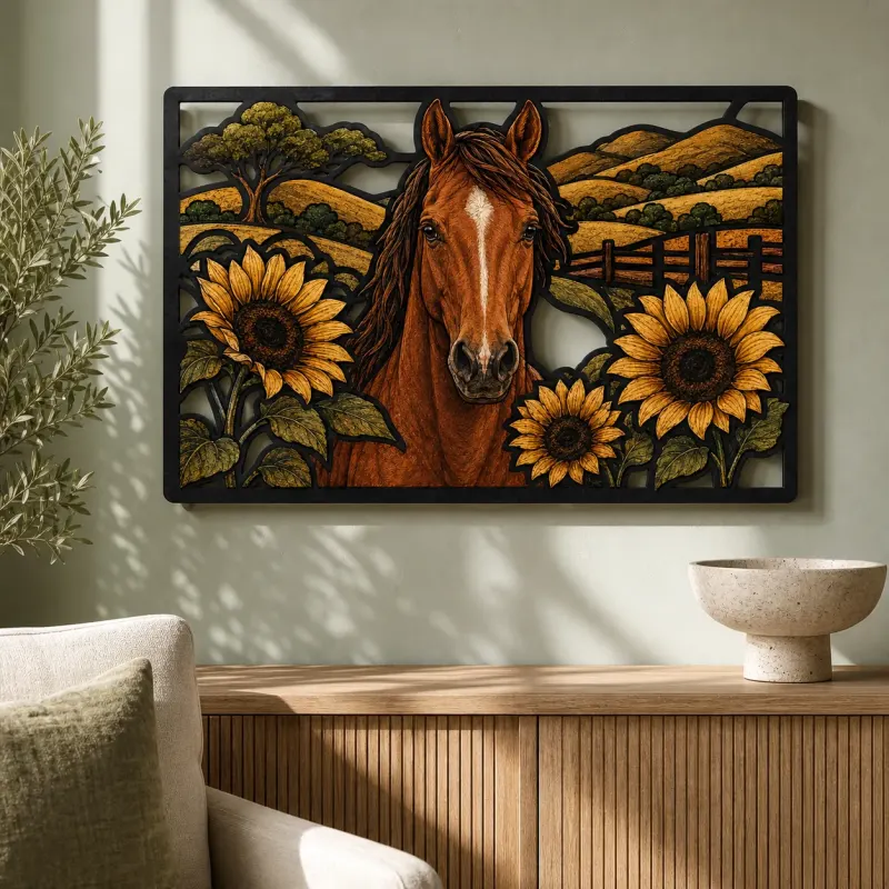 Bay Horse with Sunflowers and Rolling Hills Colorful Metal Wall Art