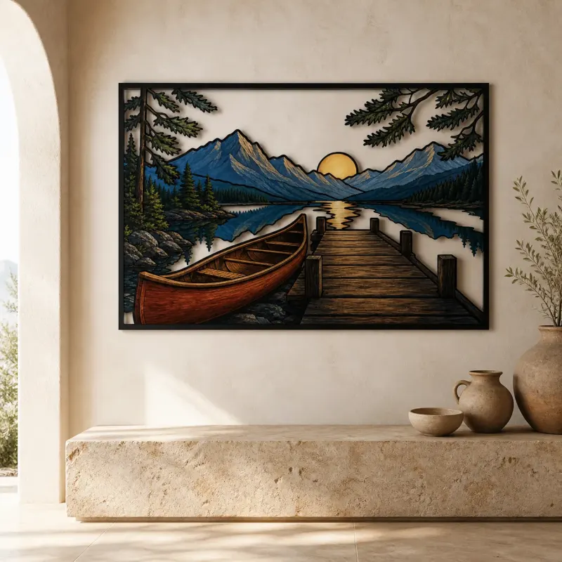 Canoe and Dock on Mountain Lake at Sunset Colorful Metal Wall Art