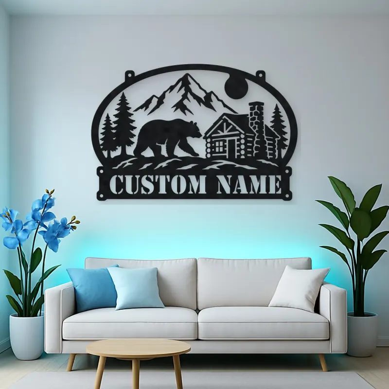 Personalized Bear Cabin Metal Wall Art with Mountain Scene