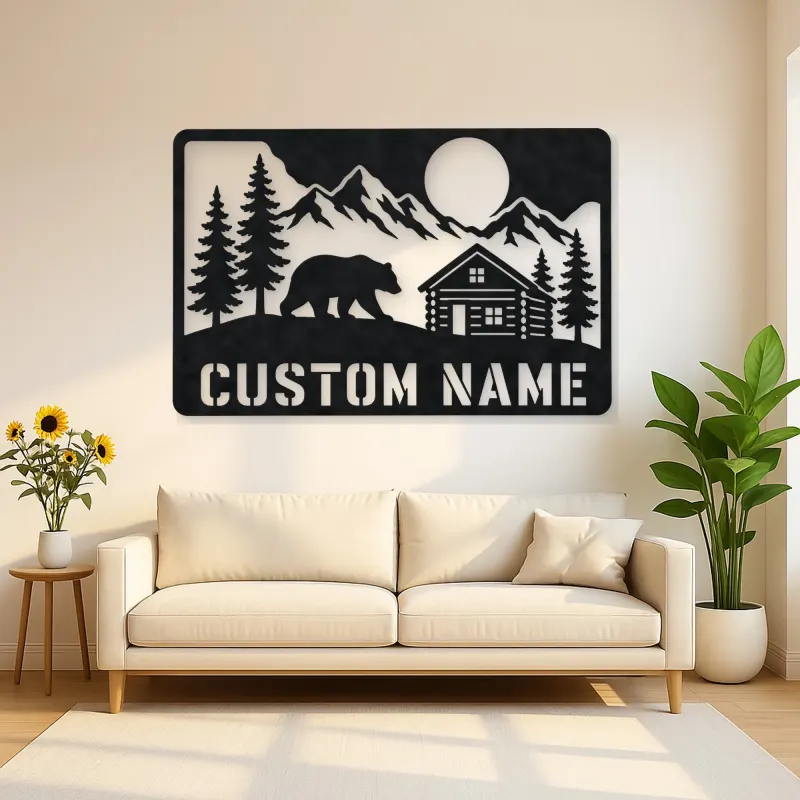 Personalized Bear and Log Cabin Metal Wall Art