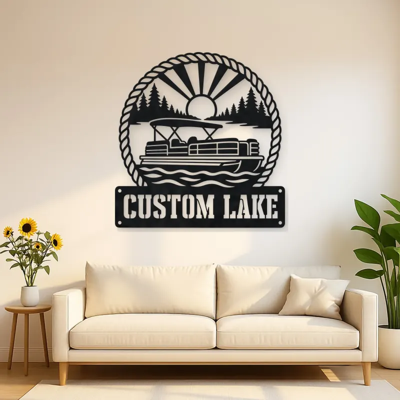Personalized Pontoon Boat Metal Wall Art with Mountain Lake