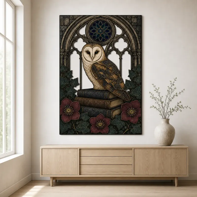 Barn Owl on Books in Gothic Window Colorful Metal Wall Art