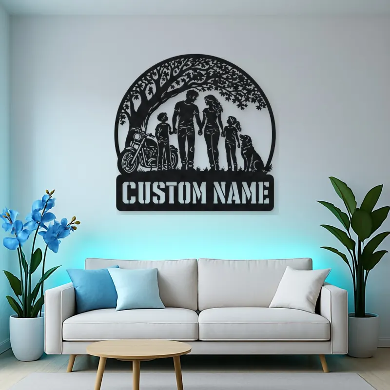 Personalized Family of Four Dog and Motorcycle Metal Wall Art
