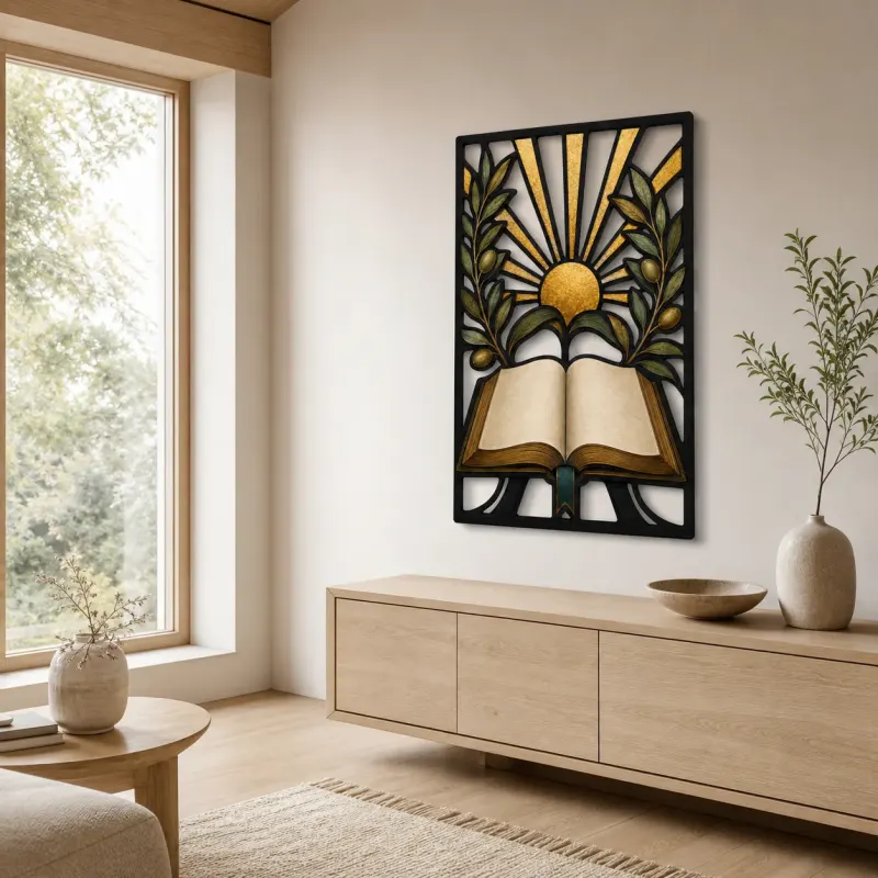 Open Bible with Olive Branches and Radiant Sun Colorful Metal Wall Art