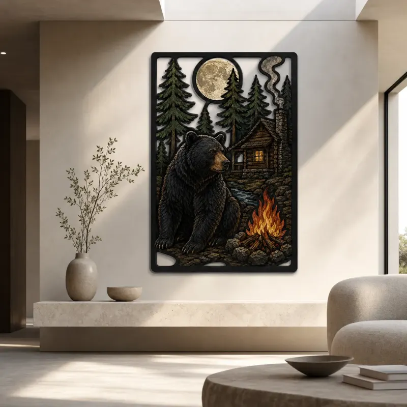 Black Bear by Cabin Campfire under Full Moon Colorful Metal Wall Art