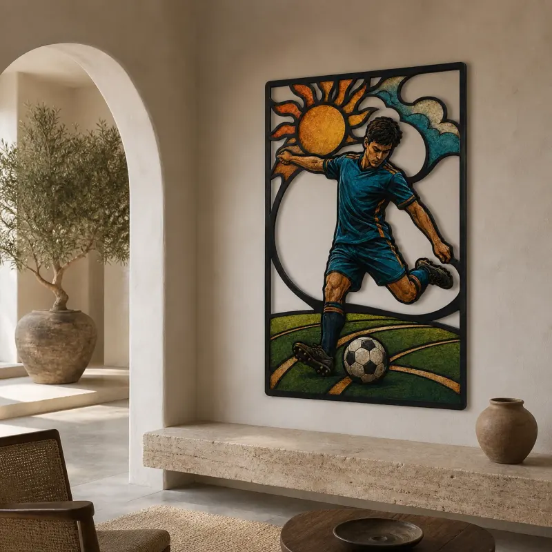 Soccer Player Kicking Ball beneath Radiant Sun Colorful Metal Wall Art